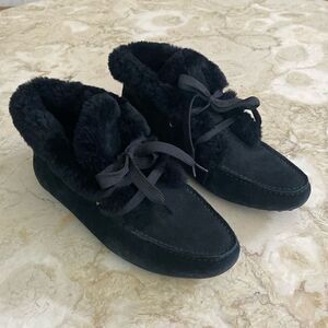 Tod’s Gommino Black Suede & Shearling Moccasin Ankle Booties